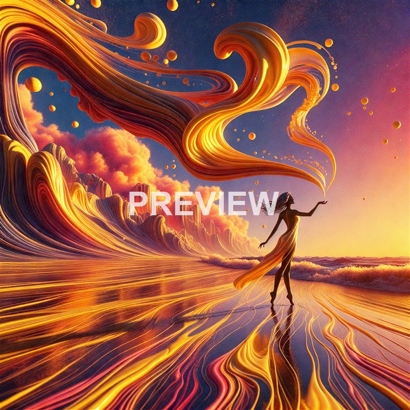 A surreal scene of a woman walking on a reflective, flowing surface with vibrant, swirling clouds and abstract, glowing formations in the sky, creating an otherworldly atmosphere.